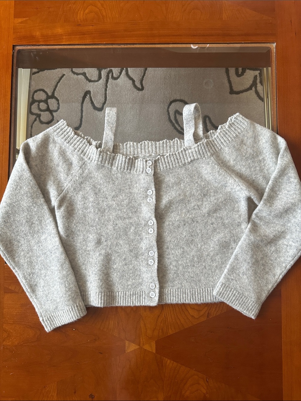 Gray Button-Front Off-Shoulder Sweater